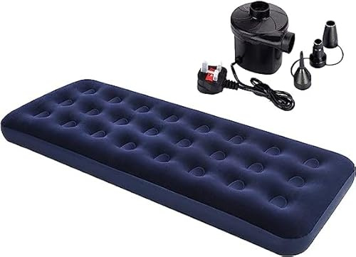 Trendi Premium Flocked Single Air Bed with Mains Pump/Camping and Home Use/Inflatable Mattress/Lightweight/Waterproof/Puncture Resistant/Easy to Carry/Guest Bed