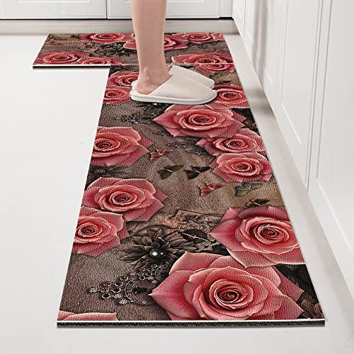 2Stk Küchenteppich 40X60+40X120Cm Rosa Rose Küchenläufer Teppich Für Küche Waschbarer rutschfest Läufer Küchenmatte Weich Und Superabsorbierend Waschbar In Waschmaschine