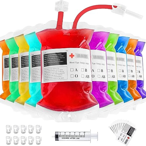 DSLIHA 10Pcs Halloween Blood Bags for Drinks, Blood Bag with Syringe Clips Blood Type Sticker, Reusable Halloween Decorations Blood Pouches, Blood Drinks Container for Halloween Zombie Cosplay Party