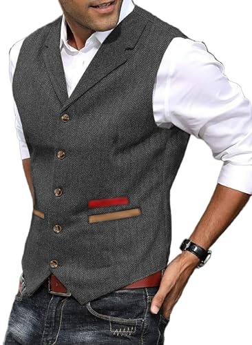 Yiaisafa Herren Anzug Weste Jagd Herringbone Tweed Westen Gilet Wollen Notch Retro Vintage Hochzeit Bräutigam Lässig(Grau,L)