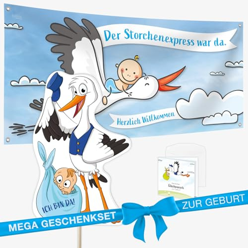 XL Set Storch zur Geburt + Banner I Baby Junge, blau I Wetterfest I Banner Komplettset + Klapperstorch + Holzstab + Glückwunschkarte I Geburtsgeschenk draußen & drinnen