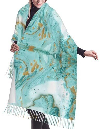 Rotgoldener Kunstglitzer-Strickschal mit Fransen, warmer Schal, Damenschal, stilvolles und gemütliches Accessoire für modische Frauen, Türkis Gold Marmor, One size