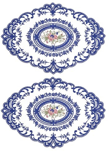 uxcell 2Pack Retro Lace Placemat 12x16-in Oval Embroidered Table Place Mats French Crochet Doilies Coasters Cup Mat for Home Wedding, Dark Blue