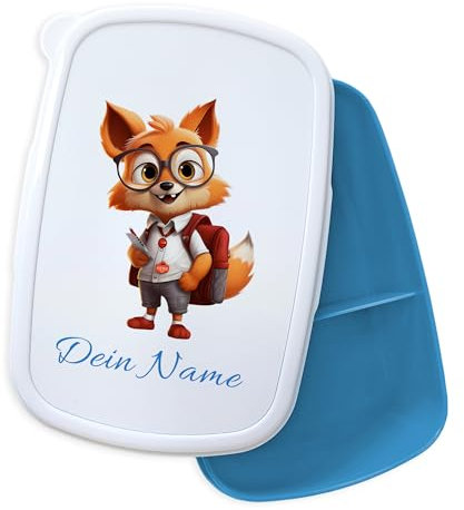 GRAZDesign Fiambrera infantil con nombre, diseño de zorro personalizado, para guardería y escuela, regalo para la escolarización, color azul