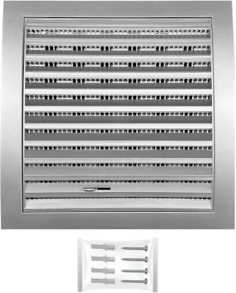H&C VENT Griglia di ventilazione 190 x 190 mm Ø 125 mm argento copertura con protezione dagli insetti, cursore, tappo per canale HVAC ABS, cappa aspirante per tubo di scarico dell'aria