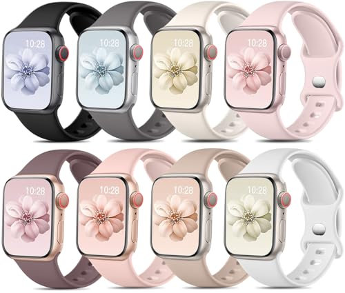 Mastten 8 Stück Sport Armbänder Kompatibel mit Apple Watch Armband 42mm 41mm 40mm 38mm Damen Herren, Weiche Silikon Wasserdicht Band für iWatch SE Armband Series 11 10 9 8 7 6 5 4 3 2 1, Moranti
