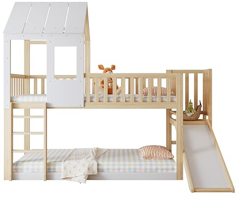 Azkoeesy Litera 90x200 cm Cama para niños en Forma de casa, con tobogán y somier, Ventana, protección contra caídas, Cama de Pino, Color Natural