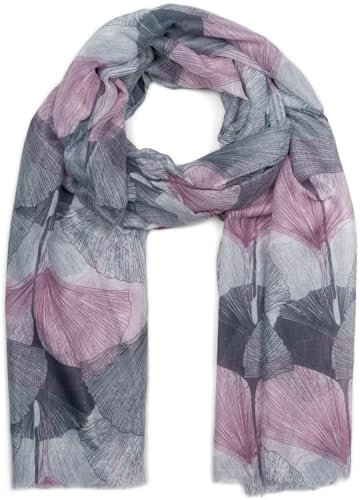 styleBREAKER Damen Schal mit farbigem Ginkgo Leaves Blätter Muster Print und kurzen Fransen, leichtes Tuch, Stola 01016208, Farbe:Mauve-Grau