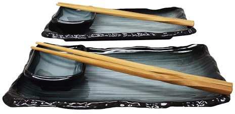 MystiCalls Lot de 8 pièces de vaisselle à sushi pour 2 personnes Bleu/noir – Set de service à sushi avec 2 assiettes à sushi, bols à sauce, baguettes, AMJ-001