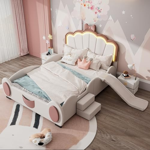 Sapgaks Lit 140x200 avec sommier à Lattes et lumière LED à Changement de Couleur,lit Enfant 140x200 avec Toboggan et échelle,lit 2 Personnes avec télécommande,matière PU,Rose Blanc