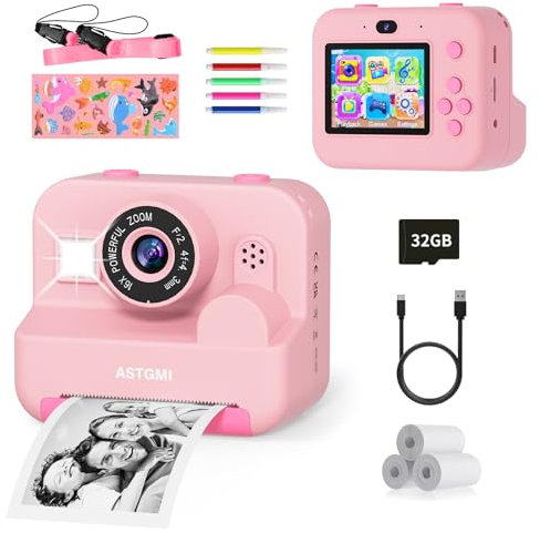 ASTGMI Appareil Photo Enfant, Appareil Photo Instantané 2.4 Écran avec Papier d'impression et Carte 32GB, Mode Video et Selfie, Jouet Cadeau pour Filles Garçons Enfant de 3-14 Ans(Rose)