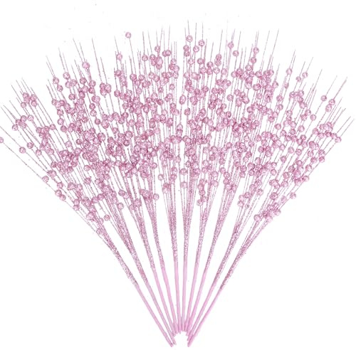 GREENTIME 10 Pack Pink Artificial Glitter Berry Stems 15.7 Fake Christmas Picks Decorative Glitter Sticks for Vase Christmas Tree DIY Wreath Crafts Fireplace Decor