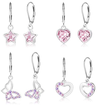 ALEXCRAFT Silver 925 Örhängen Hängande Franska Örhängen Drop Earrings Shiny Silver 925 Hoop Örhängen med Zirkon Rosa Sten Små Hoop Örhängen med Hjärta Butterfly Star Pendant Set Dam