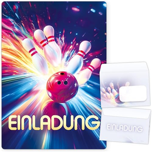beriluDesign Bowling Einladungskarten (12er Set) zum Kindergeburtstag Kegeln Kinder Geburtstag-Einladungen Karten Feier Party Jungen Mädchen (Bowling Bunt + Umschläge)