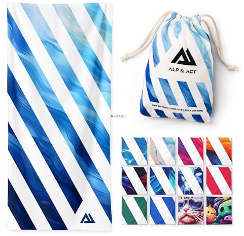 ALP & ACT Toalla de Playa XXL 200x90 cm - Microfibra 100% reciclada - Ultraligera y de Secado rápido - Toalla Grande para Vacaciones, Piscina y Playa - Paño Compacto - Azul Multicolor