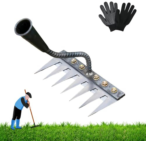 Unkrautrechen Aus Manganstahl, Unkrautrechen Mit Gartenzähnen Aus Karbonstahl, Unkrautrechen Werkzeug, Rechen Garten Unkrauthacke, Garten Unkraut Werkzeug für Jäten, Lockern, Säen (7 Zähne)