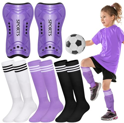 Liliful 4 Pcs Soccer Shin Guards Set for Girl Kids Youth Include 1 Shin Guards & 3 Sport Socks Protective Lightweight Gear Leg Pads Gear for 3-15 Girls Boy Children Teens(Light Purple,M)