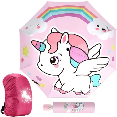 Regenschirm Kinder Reflektierend+Schulranzen Regenschutz Reflektierend,Taschenschirm reflective mit Reflexborte,35L Regenhülle Rucksack,Taschenschirm für Schulranzen,für Kinder Jungen Mädchen (Rosa)