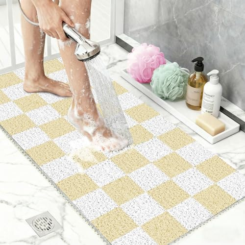 Alfombrilla de Ducha Antideslizante de PVC Suave 50x80cm, Alfombra de Baño con Diseño de Luffa, Lavable y de Secado Rápido, Antideslizante Cuadros Beige y Blanco