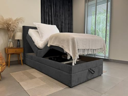 TRADA Boxspringbett 100 x 200 cm, Elektrische Bett mit Matratze, Dunkelgrau | SORRENTO, Bett mit Kopfteil, Topper und Bettkasten, Stoffbezug Veloursstoff