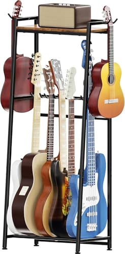 Vantimo Gitarrenständer, 2-Stöckiger Gitarrenhalter für 5-7 kustikgitarre E-Gitarre Bass Violine Ukulele Banjo Plattenspielerständer Gitarrenzubehörständer Instrumentenständer, Braun