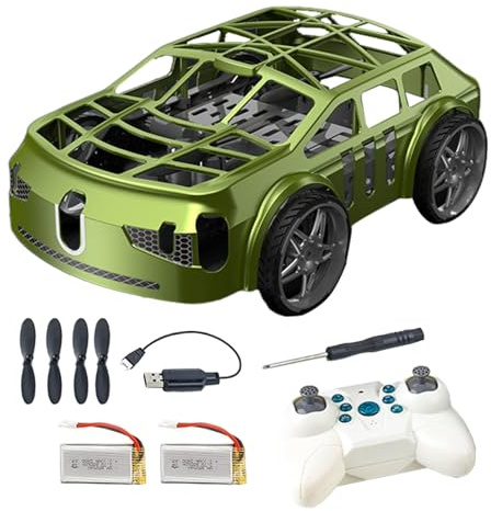 Drone télécommandé 2 en 1 - Mini voiture d'avion RC avec lumières LED - Jouet quadricoptère télécommandé facile à voler pour enfants - Vert - Deux batteries