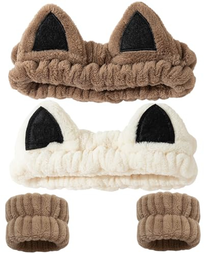 Aribliseza Pannband för flickor, 4 delar, kosmetiskt hårband och armband, söta kattöron pannband och armband set för ansiktsvård, smink och hudvård för kvinnor och flickor (beige + kaki)