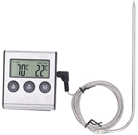 Digital Meat Thermometer with Stainless Steel Probe and 1 Meter Cable for Kitchen Grilling and Oven Use - Preset Temperature and 99 Minute 59 Second Timer with LCD Display