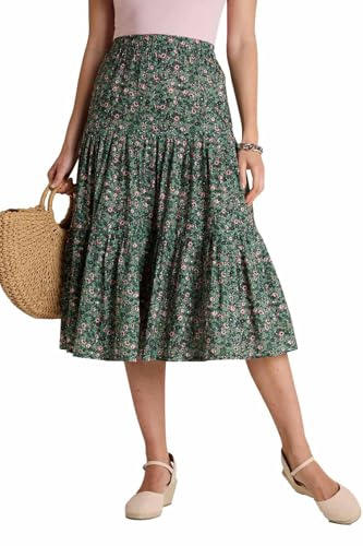 Amber Ladies Tiered Print Cotton Skirt with Elasticated Waist Lightweight Summer Midi Skirt for Women (Sizes 10–20) Khaki