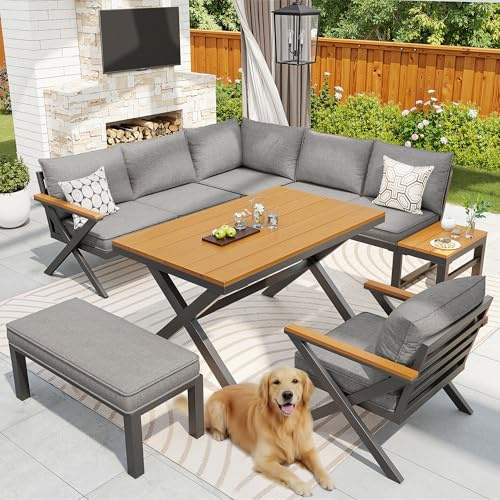 Yrxin Modulare Outdoor-Sitzgruppe mit modernem X-Design, robustem Metallrahmen, 10cm dicken Kissen und Holztischen, verstellbare Füße für Terrasse, Balkon, Garten (Grau, 8-Personen)