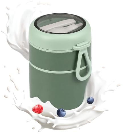 Noa Home Deco Edelstahl Müslibecher to Go, 710ml Auslaufsicher mit Löffel & Griff, Doppelwandiges Speisegefäß, BPA-Freier Isolierter Joghurt-Parfait-Behälter für Büro, Reisen, Schule