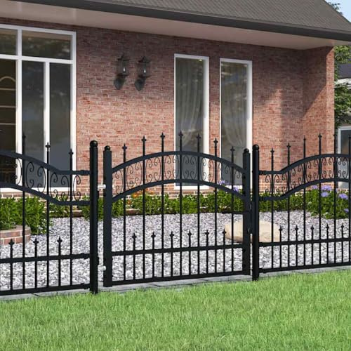 QUAHEAS KAMPEN Garden Gate with Spear Point, Black, Powder-Coated Steel, 103 x 120 cm, Lockable with Lock, Robust Fence Gate for Garden, Yard Gate with Posts and Security
