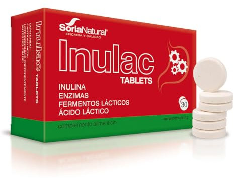 Soria Natural Inulac Pastillas Probióticos y Prebióticos Intestinales con Enzimas Digestivas, Cúrcuma y Lactobacillus para Mejorar Flora Intestinal, Digestión, estreñimiento y Bienestar – 30 Tabletas