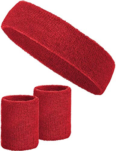 3-delat svettbandsset med 2x svettband för handleder + 1x pannband för kvinnor & män (röd)