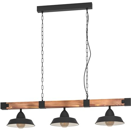 EGLO Pendellampe Oldbury 3 flammige Vintage Pendelleuchte | im Industrial Design, Hängelampe aus Stahl und Holz, Farbe: Schwarz, braun rustikal, Fassung: E27, L: 118 cm