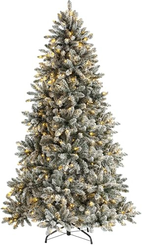 WeRChristmas Pre-Lit Full Bodied Snow Flocked Christmas Tree with 450 Chasing Warm LED Lights, Multi-Colour, 7 feet/2.1m | 1239 PVC Tips, 450 Warm White LEDs, Heavy Snow Flocked Finish, 132cm Diameter, Metal Stand, 2.1m Tree