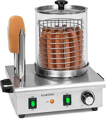 KLARSTEIN Wurstfabrik Pro - 550 Hot Dog Maker, 550 Watt, 2 Spiedi Riscaldanti, Temperatura: 30-100 °C, Cilindro in Vetro: Ø 20 cm, Gabbia Inox: Ø 17 cm, Alloggiamento Inox, Professionale, Argento