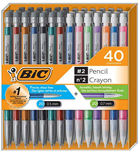 BIC Mechanical Pencil #2 EXTRA SMOOTH, Variety Bulk Pack Of 40, 20 0.5mm With 20 0.7mm Led Pencils, Assorted Colored Barrels, for professional Office & School Use.
