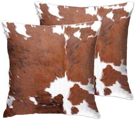 Entua 2 x Kissenbezüge, Rindsleder, dekorative Kissenbezüge, Bauernhoftiere, braun, Kuhhaut-Druck, 45,7 x 45,7 cm, Samt, quadratisch, für Sofa, Schlafzimmer