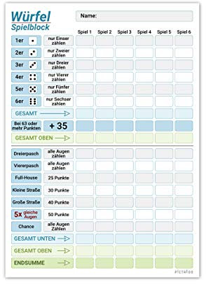PICTALOO Gioco di dadi Blocco DIN A5, ben leggibile e ben progettato, moderno blocco di ricambio, blocco da gioco, grande, adatto anche per anziani e bambini, set da gioco a cubetti, gioco di famiglia