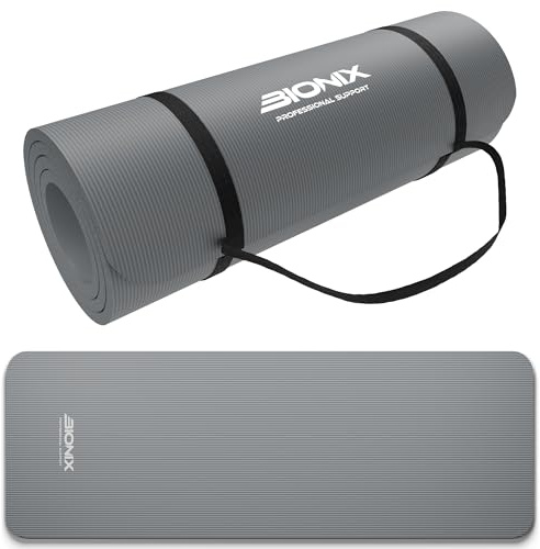 Bionix Exercise Yoga Mat with Carry Handle Strap - Extra Thick NBR Yoga Mats for Women and Men - 180cm x 60cm Durable, Non Slip Mat - Gym Mats for Home, Camping, Pilates and Workout (Grey)