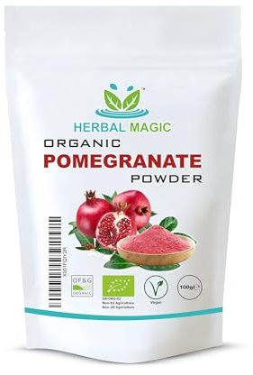 Herbal Magic's Organic Pomegranate Fruit Powder, Spray Dried - Rich & Vibrant Smoothies, Shakes, Juices, Baking - Free from Artifical Flavour & Preservatives - 100g(Pack-1)