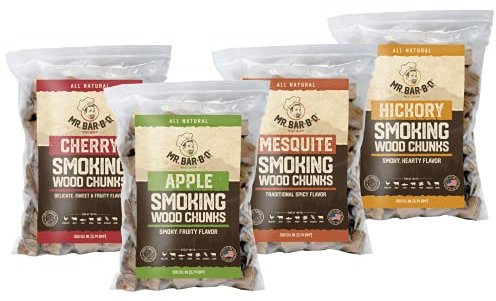 Variety Pack Wood Chunks for Smoking by Mr. Bar-B-Q, Variety of 4 Flavors Hickory, Apple, Cherry & Mesquite Wood Chunks for Smoking Meat, BBQ Grilling, Camping & Outdoor Adventures - 4 x 3.5 Pound Bag