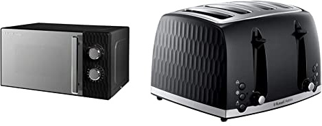 Russell Hobbs Honeycomb RHMM715B 17 Litre 700W Black Solo Manual Microwave & 26071 4 Slice Toaster - Contemporary Honeycomb Design with Extra Wide Slots and High Lift Feature, Black