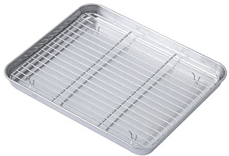 Set di teglie da forno con griglia in acciaio inox resistente, teglia da forno e griglia di raffreddamento per lavastoviglie, non tossica, facile da pulire, set di padelle da forno (22 x 17,5 cm)