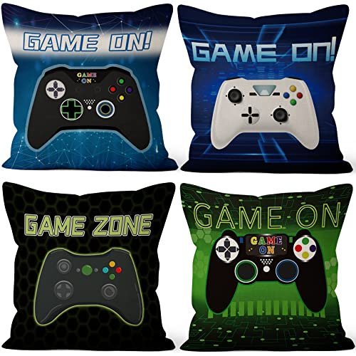 Aoihrraan 46x46cm set of 4 Cushion Covers Gamer Slogans Gamepad Square Linen Decorative Throw Pillow Covers Home Decor Sofa Pillowcases Game On Party Gaming Bedroom 18 x 18 Inch
