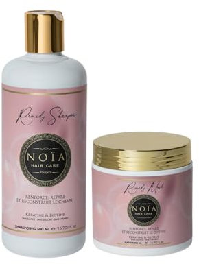 NOÏA HAIR – Pack Duo REMEDY Kératine & Biotine – Shampoing 500ml + Masque 500ml – Sans Sulfates – Réparation Intense, Anti-Casse & Fortifiant – Soin Professionnel Cheveux Abîmés