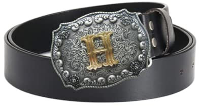 WRJAHCG Herrengürtel, Echtes Leder, Vintage-Mode, Große Buchstaben, Gürtelschnalle, ABCD Bis Z, Cowboy, Rodeo, Goldene Gürtelschnallen,H black,120CM/47.3''