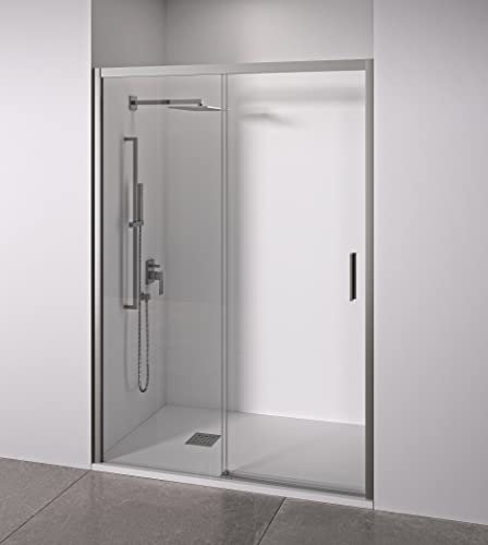 Mampara de ducha frontal 1 corredera + 1 fijo - sin perfilería inferior - Cristal transparente templado 6mm antical - Plata Brillo - Ancho adaptable 130 a 135cm - Posición puerta derecha - Alto 195cm