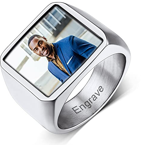 Custom4U Personalisierter Siegelring Herren Edelstahl mit Farbbild/Schwarzes Bild Gravur Memorial Männer Jungen Ehering Verlobungsring Silber/Schwarz/Gold Ringgröße 54.4(17.25)-72.3(22.75)